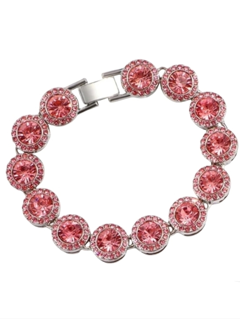 Pink Pave Crystal Silver Iced Links Bracelet Rhinestone Round CZ Circle Links